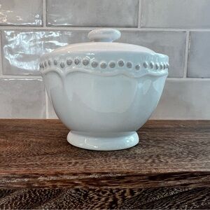 Pottery Barn White Ceramic Lidded Jar with Scalloped Edge